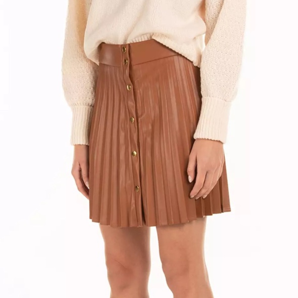 Zara faux leather brown pleated skirt with gold tone buttons SZ L NWT